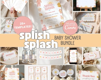 Splish Splash Baby Bash-Babyparty-Bundle, bearbeitbares Einladungs-Set, druckbare Mädchen-Sonnenschein-Dekoration, Sommer-Strandthema-Dekorkit, SS04