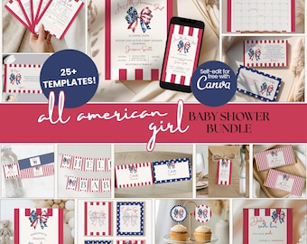 Zestaw All American Girl na Baby Shower, zestaw zaproszeń w kolorze czerwonym, białym i z motywem Due, zestaw dekoracji letnich, edytowalne dekoracje na 4 lipca AAG02
