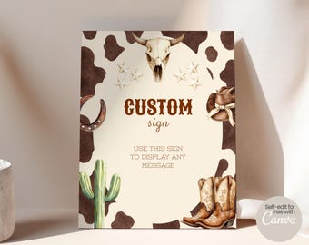 Western thema feestdecor, bewerkbaar tafelbord, wilde westen verjaardagsversieringen, koe print babyshower, eerste rodeo, Wildest One W01B