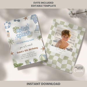May include: Two-sided invitation with a beach theme. One side features the text "Splish Splash" and "Caleb's 5th Birthday". The other side has a photo of a child in a checkered frame. Includes the text "Instant Download".