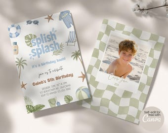 Splish Splash verjaardagsuitnodiging sjabloon met foto, poolparty uitnodiging voor jongens, zomer tropisch verjaardagsfeestje, blauw, groen, bruin