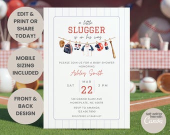 Little Slugger Babyparty-Einladung, Ein kleiner Slugger ist auf dem Weg-Babyparty-Einladung, Sport-Rookie-Baseball-Themen-Dusche Evite BBS01