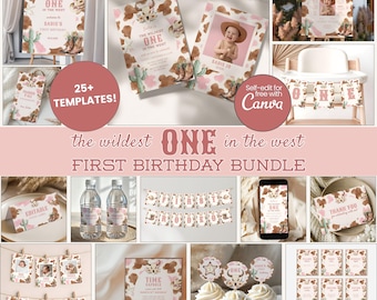 Wildest One in the West Girl Geburtstagspaket, mein erstes Rodeo-Dekorationsset, Cowgirl einladen, Wild West Theme Decor Kit Bearbeitbare Vorlage Whg