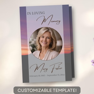 May include: A customizable memorial card with a photo of a woman in a circular frame. The card features the text "In Loving Memory" and the name "Mary Foster" with dates. The background shows a sunset scene. The bottom of the card reads "CUSTOMIZABLE TEMPLATE!"
