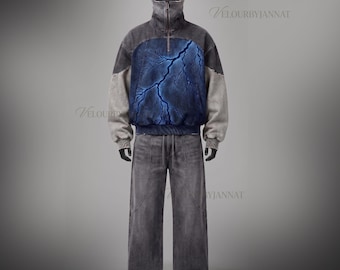 Conjunto Voltaic Shadow Denim / Denim de lavado ácido intenso / Pasamontañas integrado, media cremallera y pantalones tácticos de pierna ancha.