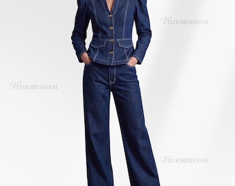 velourbyjannat "Audrey" Tailored Denim Suit Set | Heavyweight Rigid Denim | Contrast Topstitched Peplum Blazer & High-Waist Wide-Leg Pants