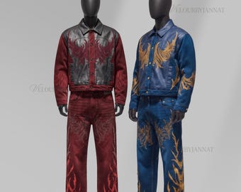 Conjunto vaquero Crimson Phoenix / Vaqueros gruesos con efecto desteñido / Chaqueta corta con paneles de cuero y vaqueros holgados con bordado 3D