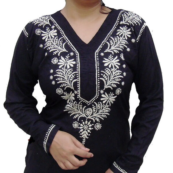 S/M/L/XL/XXL Designer Tunic Black Dress Woman shirt cotton Blouse hand embroidered top kurti kurta salwar kameez sari sale Halloween outfit