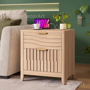 Wooden Nightstand with Charging Station, Modern Bedside Table with Storage Drawer, Open Shelf & Curved Corner | Modern Night Stand
