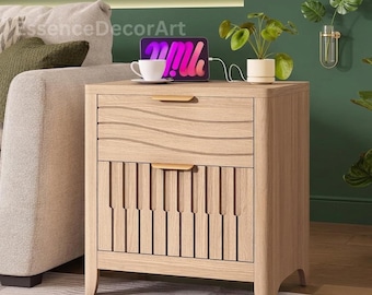 Wooden Nightstand with Charging Station, Modern Bedside Table with Storage Drawer, Open Shelf & Curved Corner | Modern Night Stand