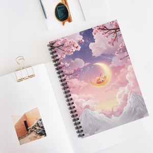 Sleeping Fox on Crescent Moon Spiral Notebook | Ruled Journal