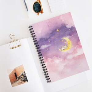 Sleeping Cat on Crescent Moon Spiral Notebook | Pink Purple Cloud Sky