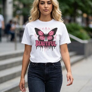 Pink Butterfly Illustration T-shirt | Floral Script Design