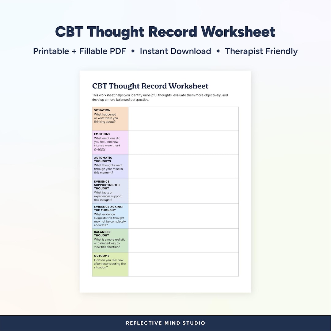 CBT Thought Record Worksheet | Cognitive Restructuring | Therapy ...