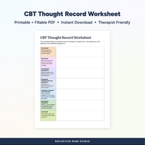 Könnte beinhalten: Ein CBT Thought Record Worksheet, das entwickelt wurde, um unhilfreiche Gedanken zu identifizieren und eine ausgewogenere Perspektive zu entwickeln. Das Arbeitsblatt enthält Abschnitte für Situation, Emotionen und automatische Gedanken.