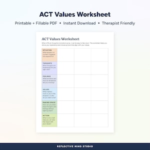 Könnte beinhalten: Ein ausdruckbares ACT-Werte-Arbeitsblatt. Das Arbeitsblatt enthält Abschnitte für Situation, Gedanken, Gefühle, Werte, Raum schaffen und Handeln. Der Text "Printable + Fillable PDF Instant Download Therapist Friendly" ist ebenfalls enthalten.