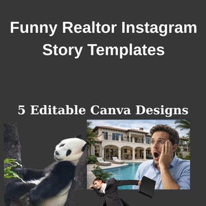Può includere: Grafica grigio scuro con il testo "RKAYALUXE" e "Funny Realtor Instagram Story Templates". Include immagini di un panda, una casa e un uomo che corre. È presente anche il testo "5 Editable Canva Designs" e "Instant Download".