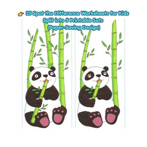 May include: A worksheet for kids with the text "25 Spot the Difference Worksheets for Kids Split into 5 Printable Sets (Paper-Saving Design)". The image features two cartoon pandas eating bamboo, with green bamboo stalks in the background.