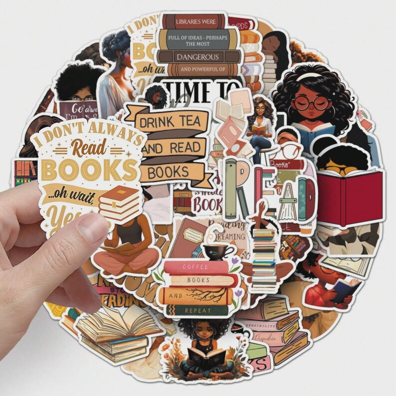 May include: A collection of colorful stickers with a reading theme. The stickers feature illustrations of people reading, stacks of books, and text like "Read Books" and "Drink Tea". The stickers are held by a hand.