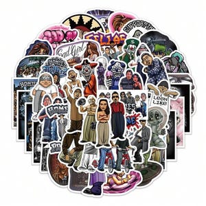 May include: A collection of die-cut stickers featuring various illustrations. The stickers depict people, clowns, and text, including "Sad Girl" and "Homie Life." The color palette includes shades of brown, red, blue, and green, with white borders.