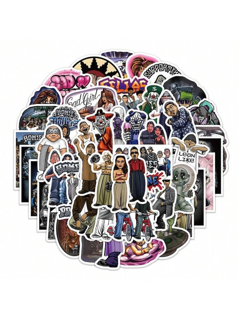 May include: A collection of die-cut stickers featuring various illustrations. The stickers depict people, clowns, and text, including "Sad Girl" and "Homie Life." The color palette includes shades of brown, red, blue, and green, with white borders.