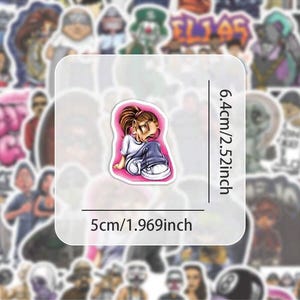 May include: A sticker featuring a cartoon girl with brown hair in a ponytail, wearing a white shirt and blue jeans. The sticker is 1.969 inches wide and 2.52 inches tall. The sticker is on a white background with other stickers in the background.