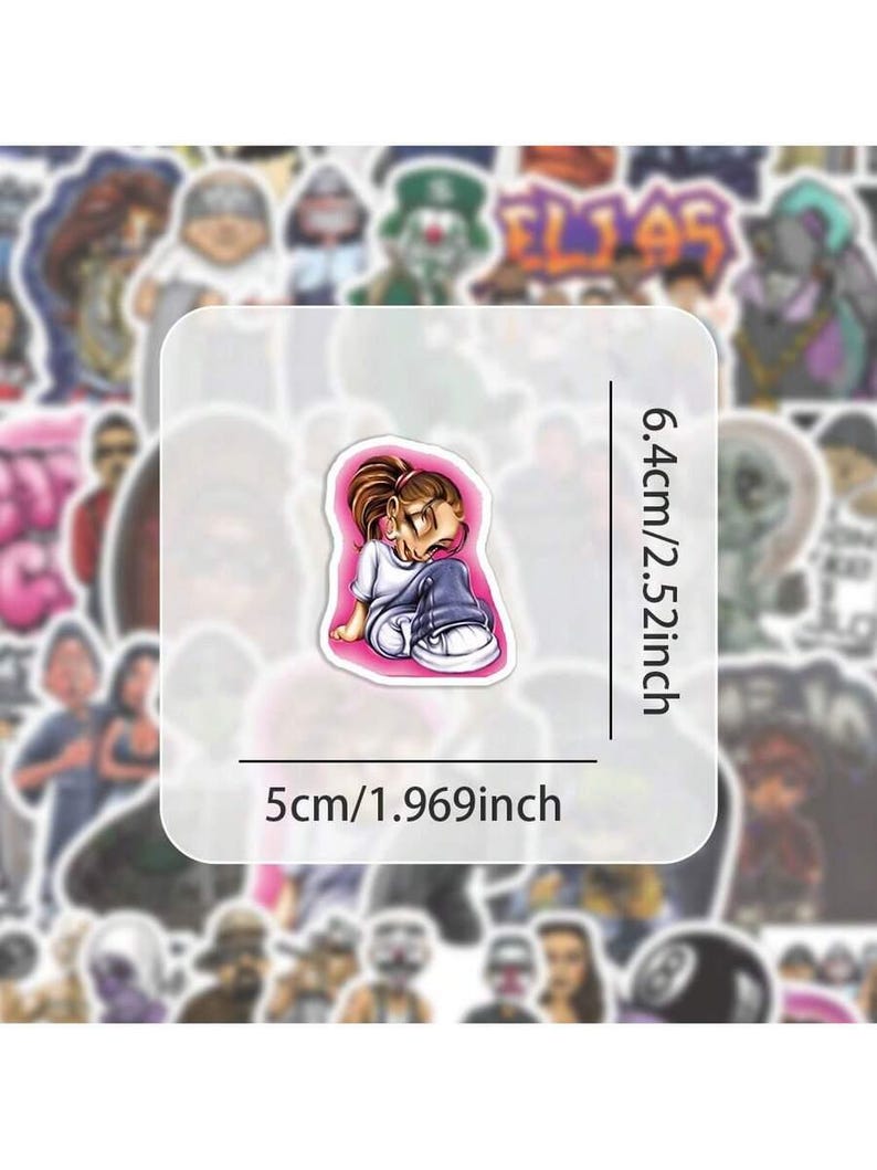 May include: A sticker featuring a cartoon girl with brown hair in a ponytail, wearing a white shirt and blue jeans. The sticker is 1.969 inches wide and 2.52 inches tall. The sticker is on a white background with other stickers in the background.