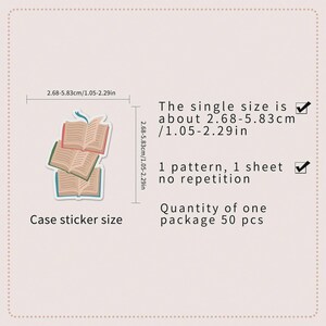 May include: A sticker sheet featuring three open book stickers with red, green, and blue accents. The single sticker size is about 1.05-2.29 inches. The sheet contains one pattern with no repetition, and a quantity of 50 stickers per package.