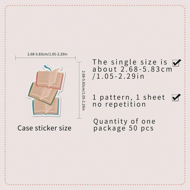 May include: A sticker sheet featuring three open book stickers with red, green, and blue accents. The single sticker size is about 1.05-2.29 inches. The sheet contains one pattern with no repetition, and a quantity of 50 stickers per package.