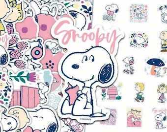 50pcs Floral Snoopy Sticker Pack | Pastel Peanuts Cartoon Decals | Pink Charlie Brown Water Bottle Stickers | Kawaii Planner Gift