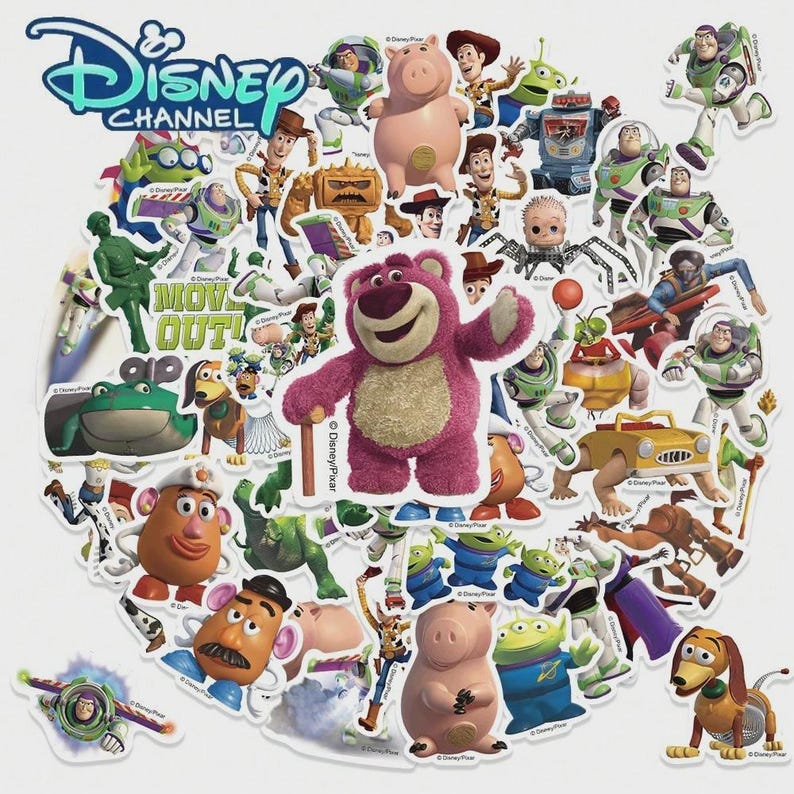 May include: A collection of colorful Toy Story character stickers, including Woody, Buzz Lightyear, and Lotso, arranged in a circular pattern. The Disney Channel logo is visible at the top. The stickers feature various sizes and shapes, with a white border.