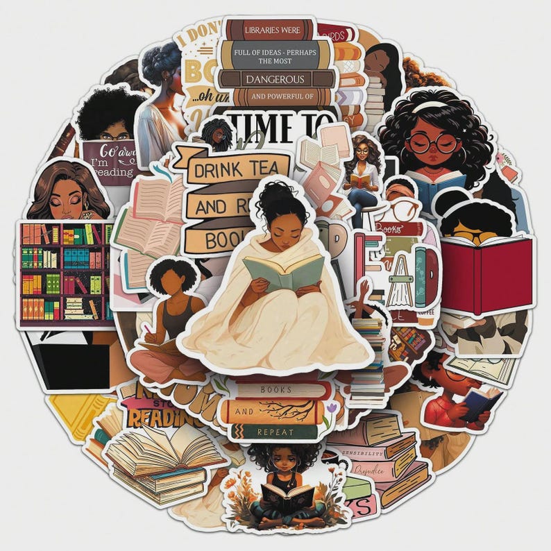 May include: A collection of die-cut stickers featuring illustrations of Black women reading books. The stickers include quotes like "Drink Tea and Read Books" and "Libraries Were Full of Ideas." The color palette includes beige, brown, and red.