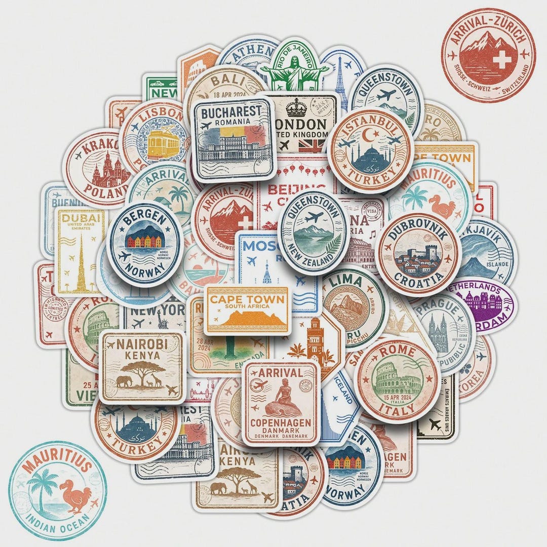 50pcs Vintage Travel Stamp Stickers | Retro City Passport Decals ...
