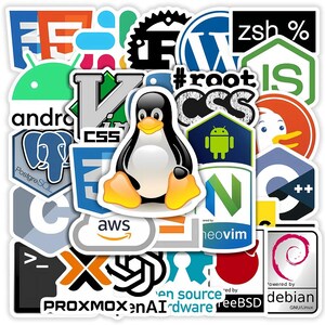 May include: A collection of colorful stickers featuring various software and technology logos. Prominent logos include the Linux penguin, Android, CSS, and AWS. The stickers are arranged closely together, creating a vibrant and tech-themed design.