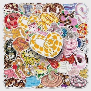 May include: A selection of colourful snake stickers in diverse patterns and poses. The stickers feature a variety of colours, including yellow, orange, brown, pink, and green. Some stickers have floral accents.