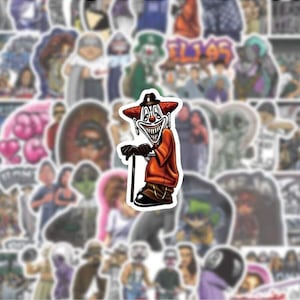 May include: A sticker featuring a cartoon clown with a sinister grin, wearing an orange jacket, black hat, and holding a cane. The clown is set against a background of other stickers with various characters and designs.