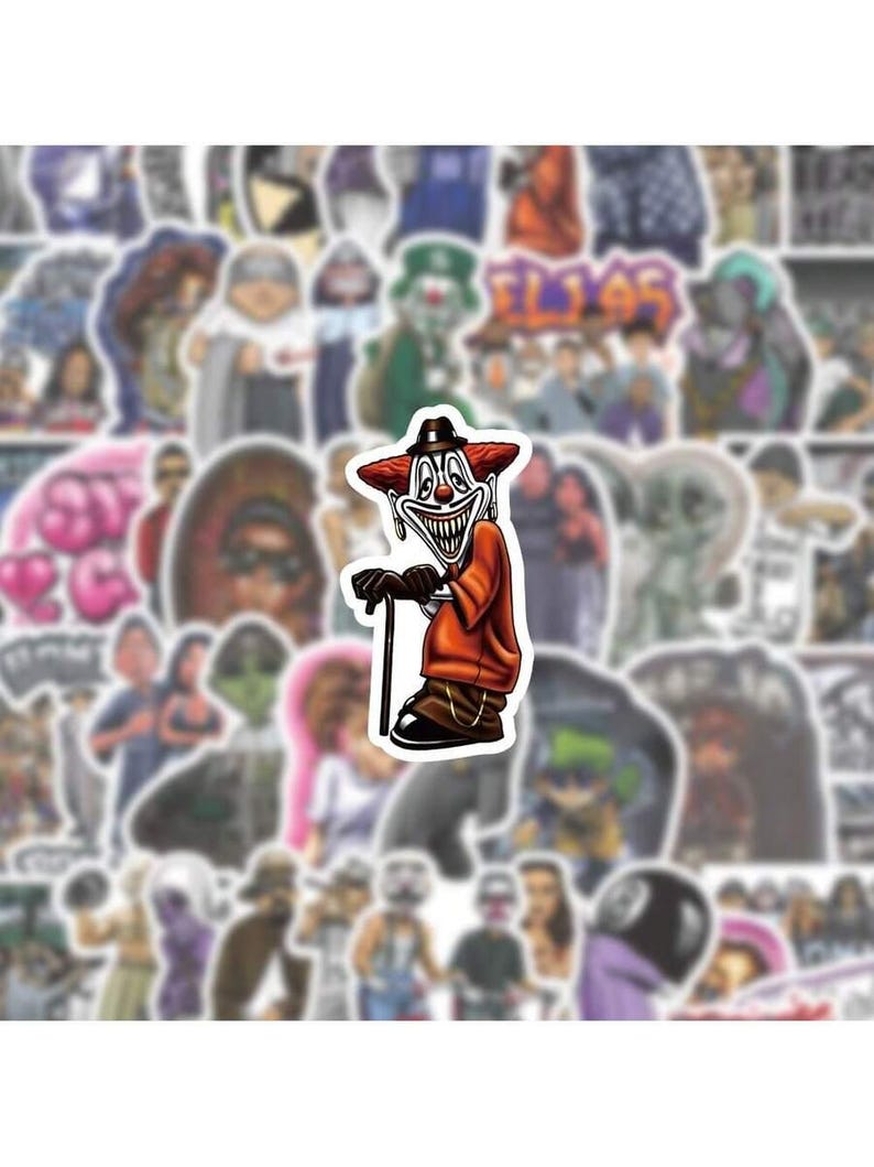 May include: A sticker featuring a cartoon clown with a sinister grin, wearing an orange jacket, black hat, and holding a cane. The clown is set against a background of other stickers with various characters and designs.
