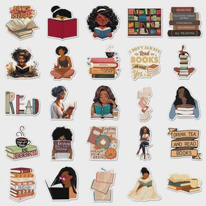 May include: A collection of stickers featuring illustrations of people reading books, stacks of books, and related text. The stickers have a variety of colors and designs, with phrases like "Never Stop Reading" and "Drink Tea and Read Books".