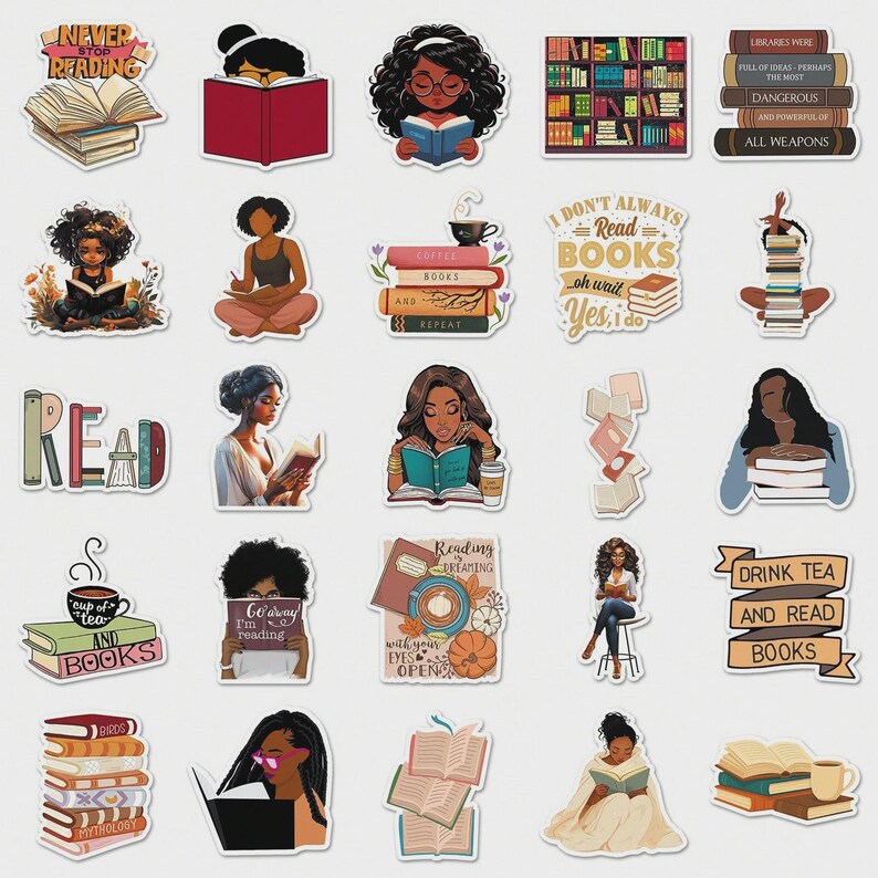 May include: A collection of stickers featuring illustrations of people reading books, stacks of books, and related text. The stickers have a variety of colors and designs, with phrases like "Never Stop Reading" and "Drink Tea and Read Books".