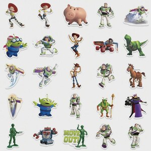 May include: A collection of colorful Toy Story character stickers, including Woody, Buzz Lightyear, and others. The stickers feature various poses and designs, perfect for decorating notebooks, laptops, or other items.
