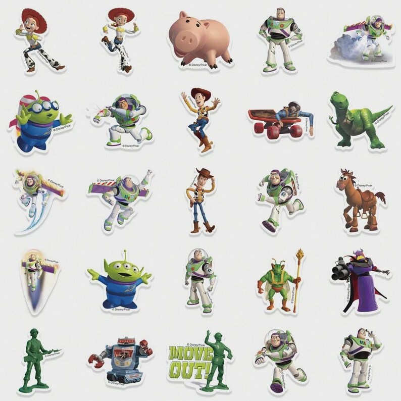 May include: A collection of colorful Toy Story character stickers, including Woody, Buzz Lightyear, and others. The stickers feature various poses and designs, perfect for decorating notebooks, laptops, or other items.