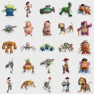 May include: A collection of colorful die-cut stickers featuring characters from the animated film "Toy Story." The stickers include characters such as Buzz Lightyear, Woody, and Mr. Potato Head. The stickers are on a white background.