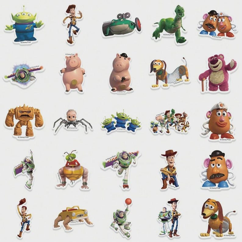 May include: A collection of colorful die-cut stickers featuring characters from the animated film "Toy Story." The stickers include characters such as Buzz Lightyear, Woody, and Mr. Potato Head. The stickers are on a white background.