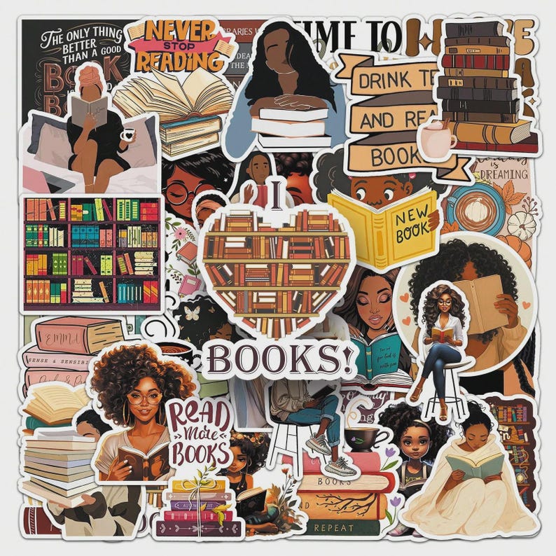 May include: A collection of stickers featuring illustrations of people reading books, stacks of books, and bookshelves. The stickers have a variety of colors and include text such as "Never Stop Reading" and "Read More Books".