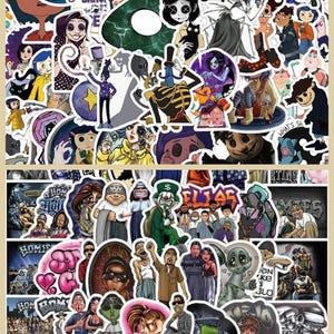 May include: A collection of colorful stickers featuring various cartoon characters and illustrations. The stickers include images of characters from the movie "Coraline" and other animated figures. The stickers are arranged in a collage-like pattern.