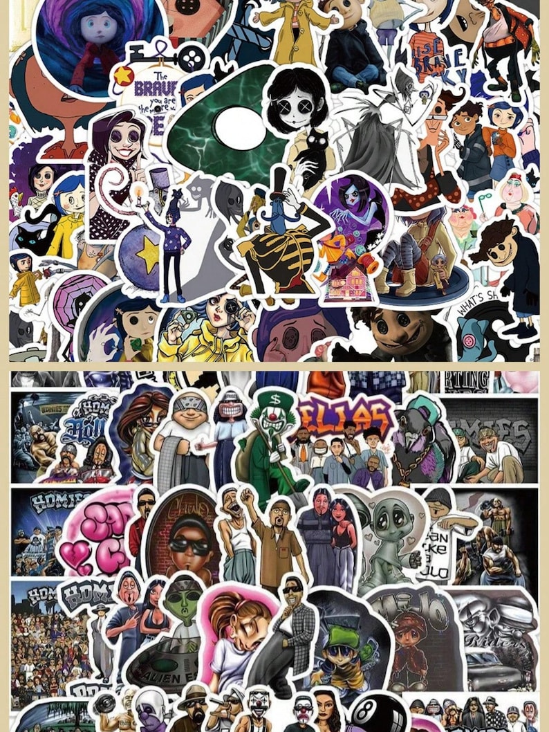 May include: A collection of colorful stickers featuring various cartoon characters and illustrations. The stickers include images of characters from the movie "Coraline" and other animated figures. The stickers are arranged in a collage-like pattern.