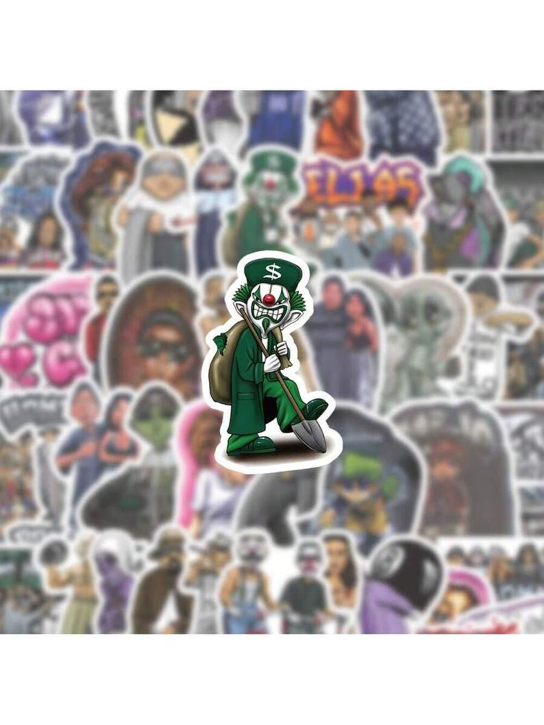 May include: A sticker featuring a green clown character with a dollar sign on its hat, carrying a shovel and a sack of money. The clown has a red nose and a sinister grin. The sticker is surrounded by other stickers.