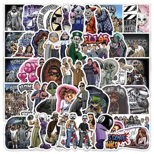 May include: A collection of colorful stickers featuring various illustrations. The stickers depict figures, including clowns, aliens, and people, with some stickers containing text such as "SUPPORT" and "SCONE WILD". The stickers have a street art or urban theme.