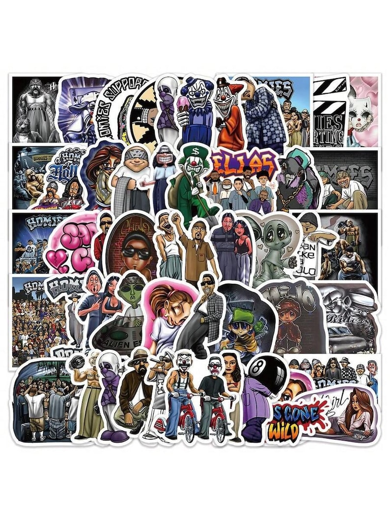 May include: A collection of colorful stickers featuring various illustrations. The stickers depict figures, including clowns, aliens, and people, with some stickers containing text such as "SUPPORT" and "SCONE WILD". The stickers have a street art or urban theme.