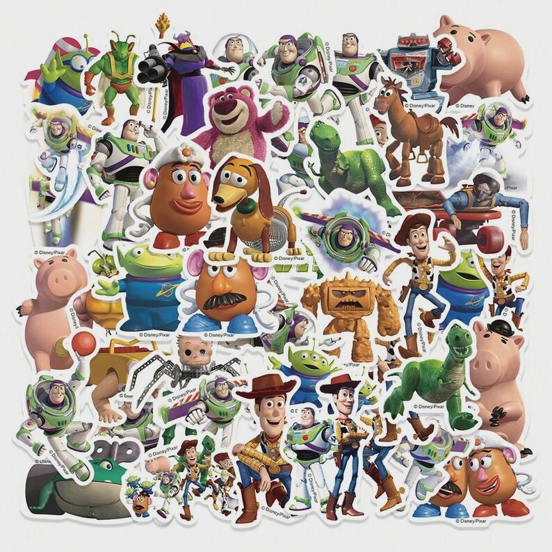 May include: A collection of colorful stickers featuring characters from the animated film Toy Story. The stickers include Buzz Lightyear, Woody, Mr. Potato Head, and other recognizable characters in various poses. The stickers are die-cut and ready to peel and apply.